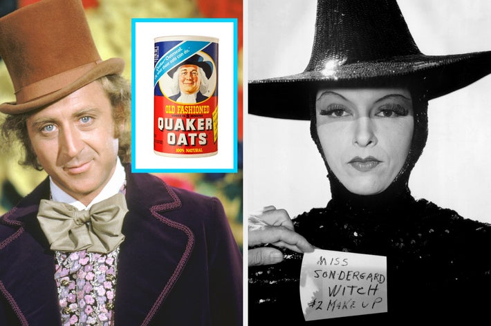 Actor in top hat and bow tie, oats canister, woman in witch costume holding note "Miss Sondergaard Witch #2 Makeup." Classic film and branding imagery