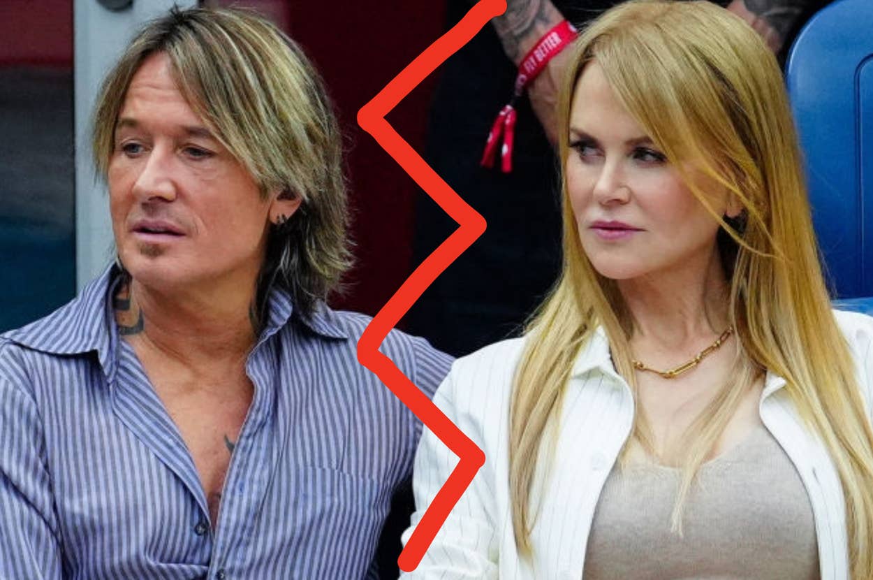 Keith Urban and Nicole Kidman sit and look unhappy with a jagged red line between them, implying a breakup