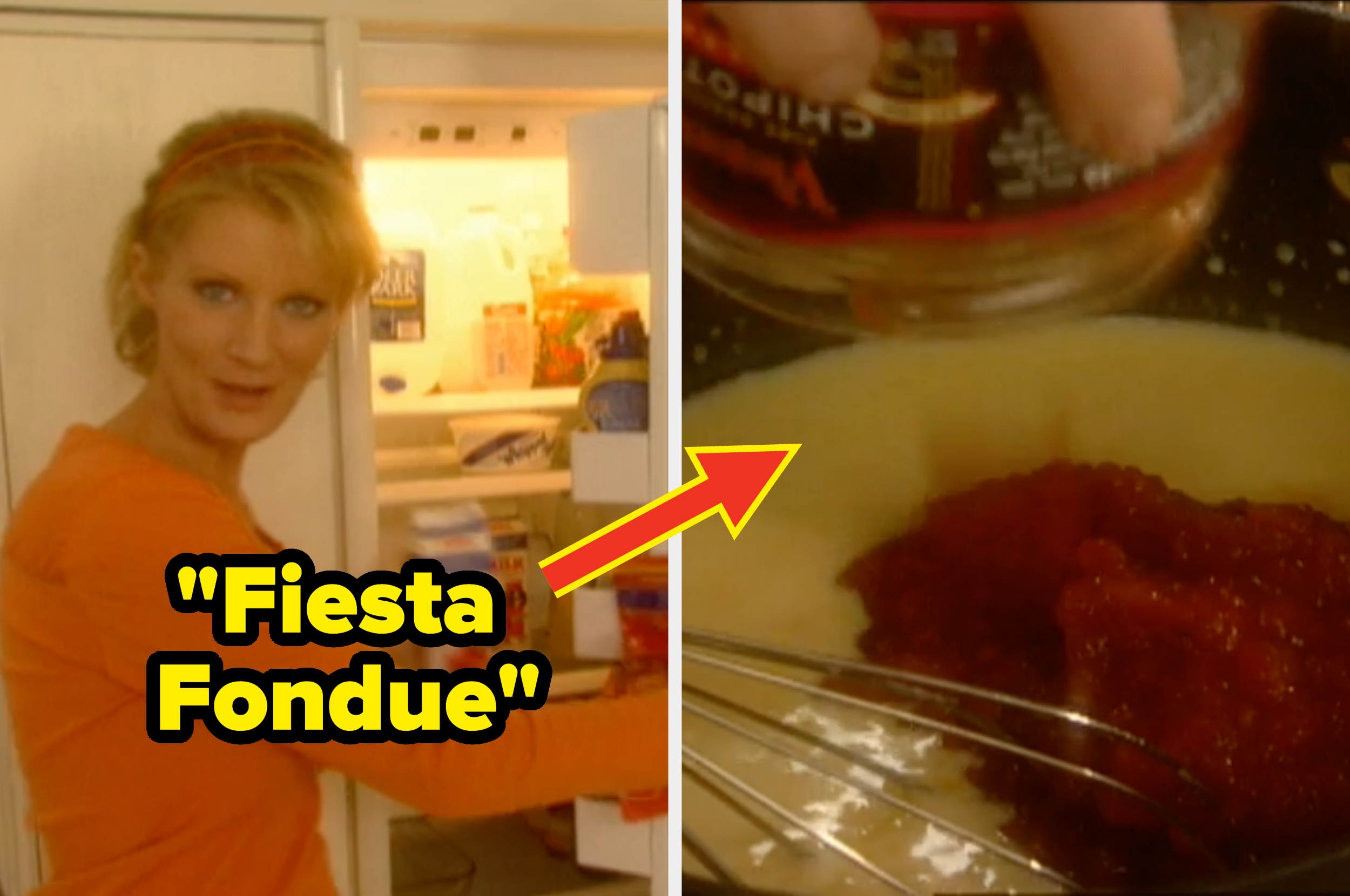 A woman stands by an open fridge; next to her, cheese fondue is being prepared with salsa, labeled "Fiesta Fondue."