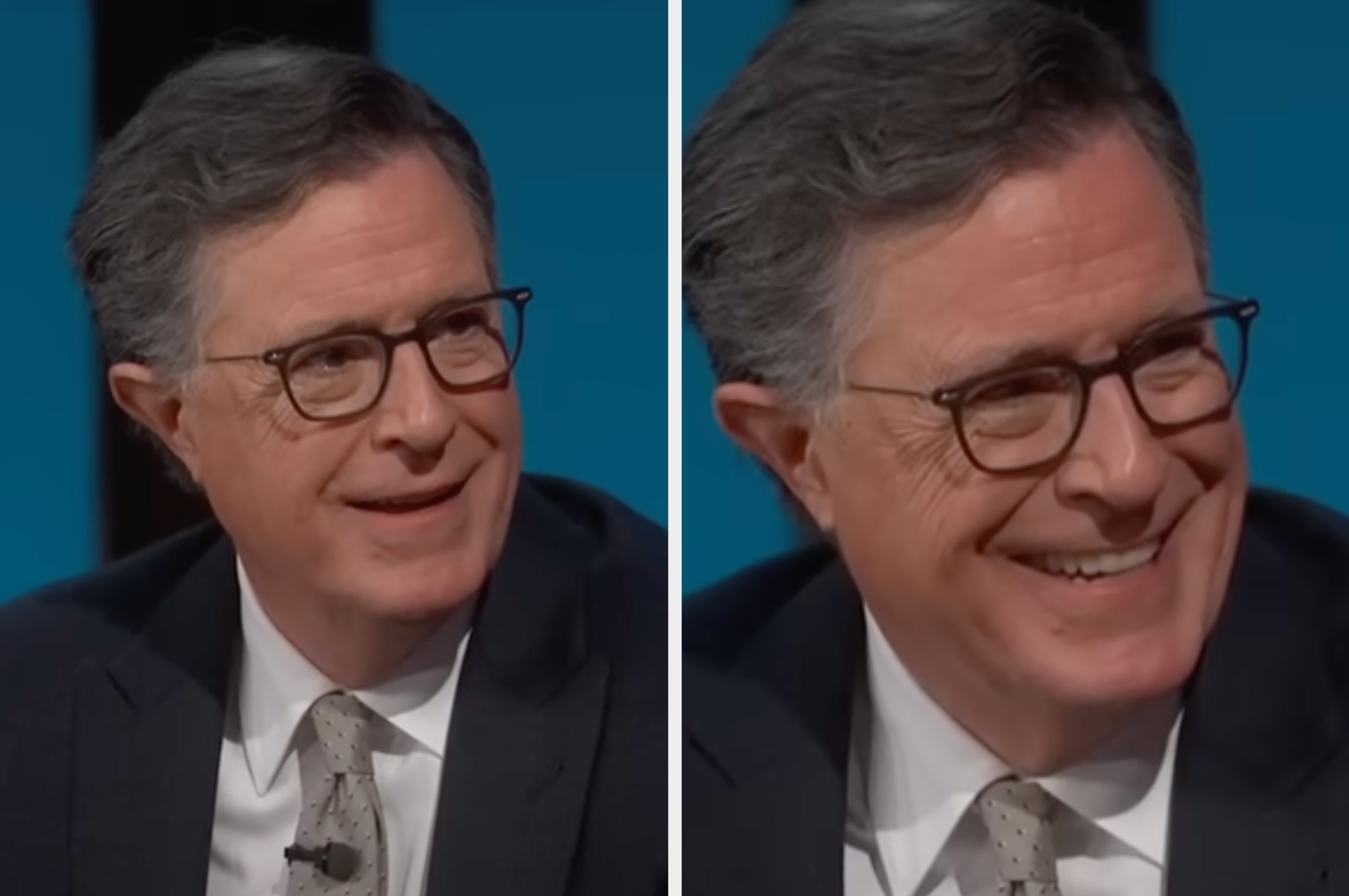 Person wearing glasses, smiling and talking, with short hair and a blazer, shown in two side-by-side images