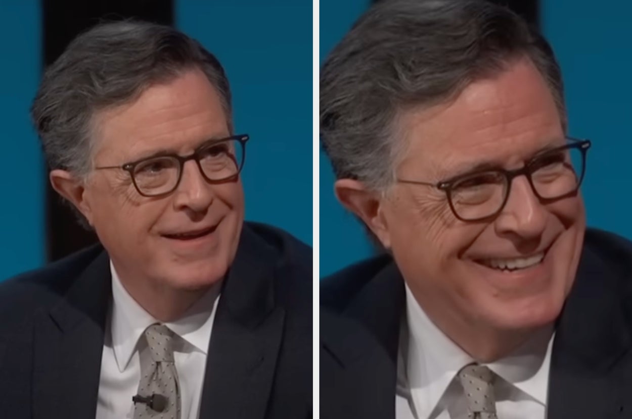 Person wearing glasses, smiling and talking, with short hair and a blazer, shown in two side-by-side images