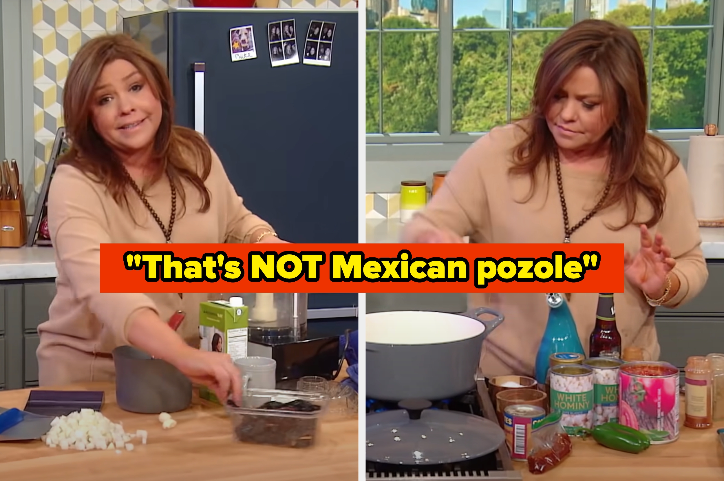 Person cooking in a kitchen with various ingredients, text reads "That's NOT Mexican pozole"