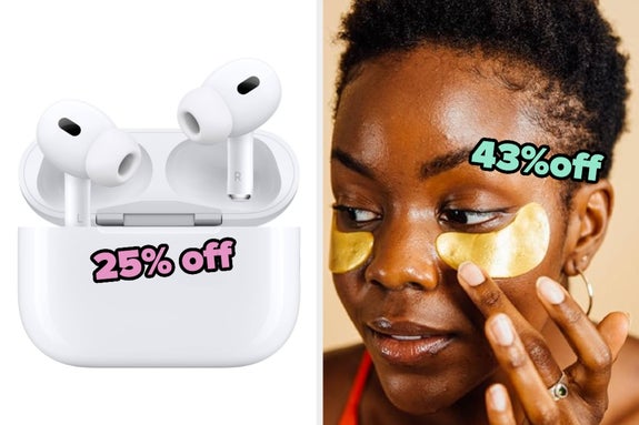 Split image with wireless earbuds labeled "25% off" and a person applying gold under-eye patches labeled "43% off."
