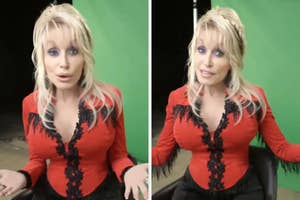 Person in a fringed suit poses with expressive gestures against a green screen backdrop