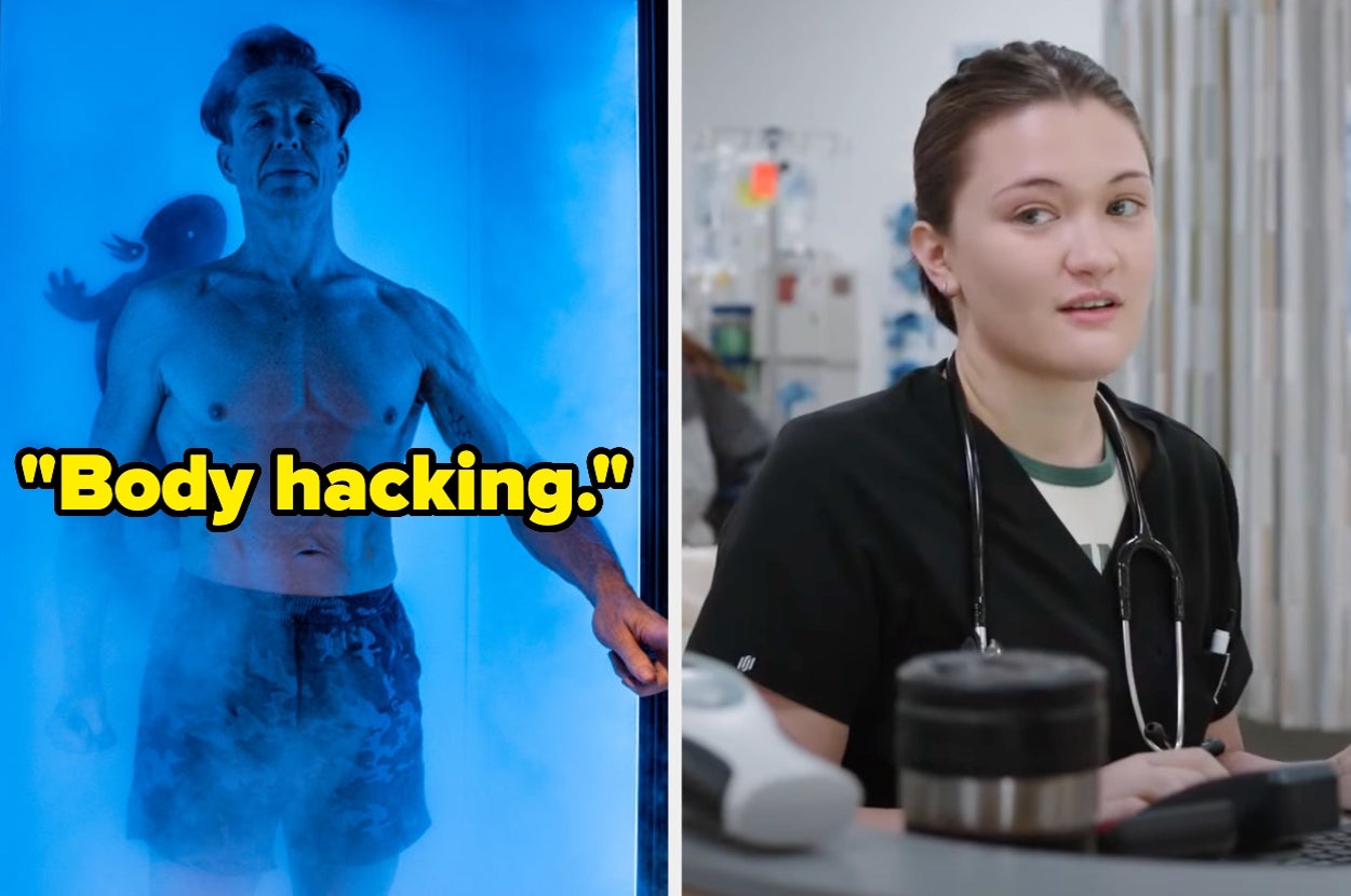 Man in cryotherapy chamber, shirtless and in swim shorts, with "Body hacking" text. Person in medical attire at a hospital desk, listening attentively