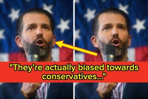 A person speaking into a microphone, with a red and yellow text overlay saying, "They're actually biased towards conservatives..."