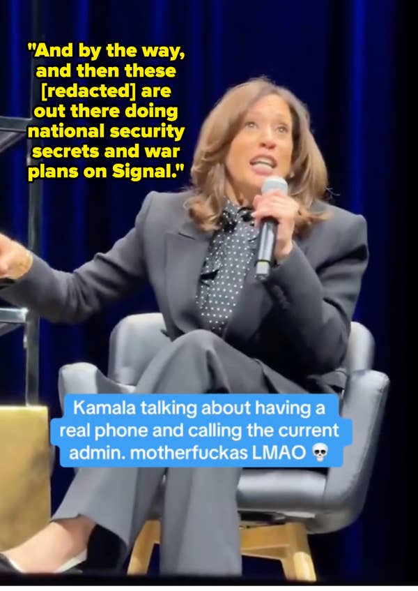 A woman in a dark suit speaks animatedly on stage, holding a microphone. Text overlay humorously references contacting the current administration