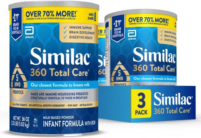 Similac 360 Total Care babe look 3-pack, highlighting benefits similar immune enactment and digestive health, with implicit 70% much content