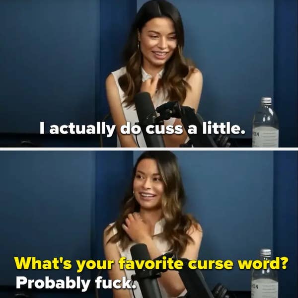 Woman in a recording studio says she does cuss a little. When asked her favorite curse word, she replies, "Probably fuck."