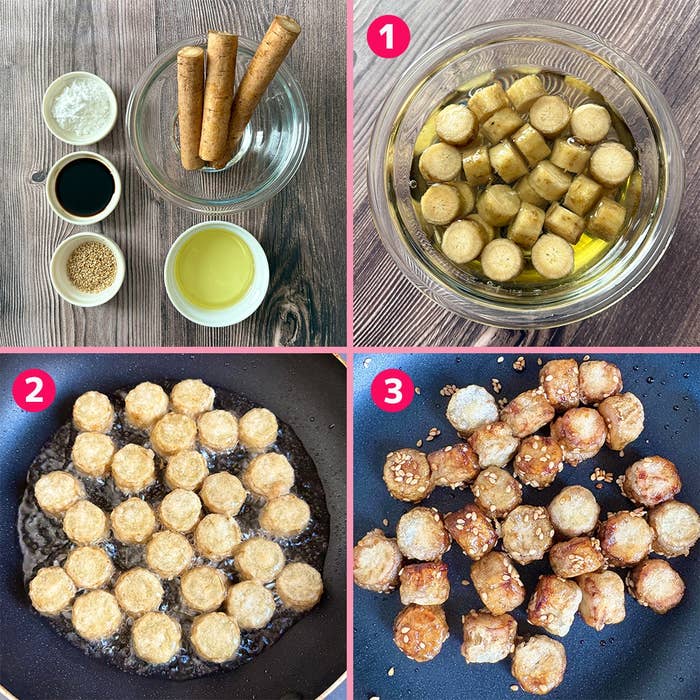 ごぼうの唐揚げレシピの工程。1: ごぼうを水に漬ける。2: フライパンで揚げ焼きにする。3:めんつゆで味付けしたごぼうの唐揚げ。
