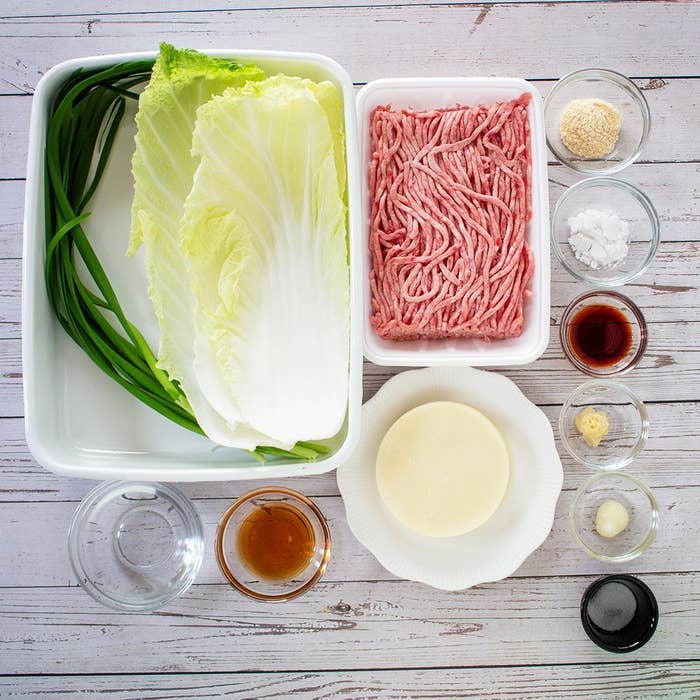 ネギ、白菜、ひき肉、調味料が並べられた料理の材料セット。