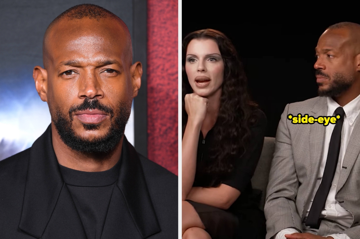 Left: Marlon Wayans at an event. Right: Julia Fox speaking over Marlon Wayans in an interview. Caption next to Marlon: *side-eye*