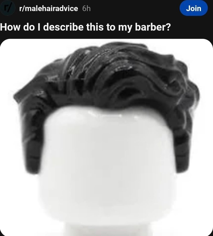 Plastic figurine head with black, wavy, side-swept hair. Text above asks how to describe the hairstyle to a barber