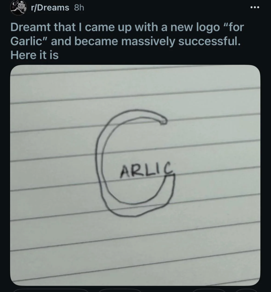 Hand-drawn doodle of a &quot;Garlic&quot; logo, where the letter &quot;C&quot; encircles the word &quot;ARLIC&quot; on lined paper