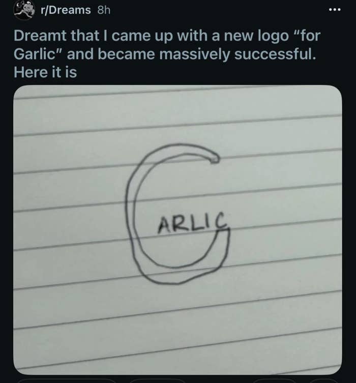 Hand-drawn doodle of a "Garlic" logo, where the letter "C" encircles the word "ARLIC" on lined paper