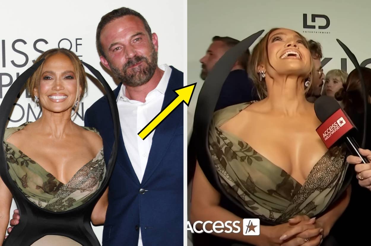 Left: J.Lo and Ben Affleck on a red carpet. Right: Ben walking past J.Lo mid-interview