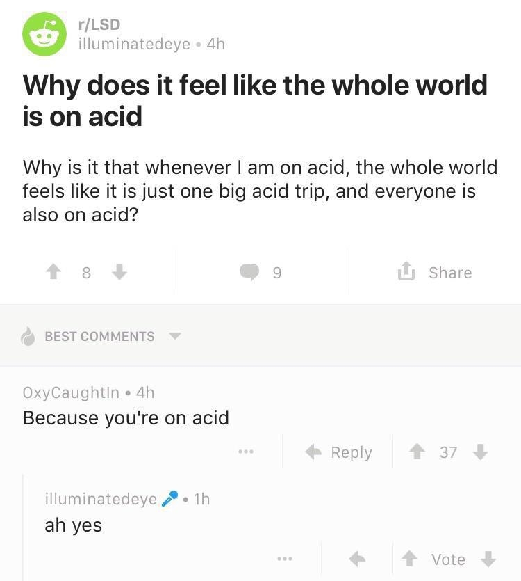 Reddit post asks why the world feels like an acid trip; top comment responds humorously, &quot;Because you&#x27;re on acid.&quot;