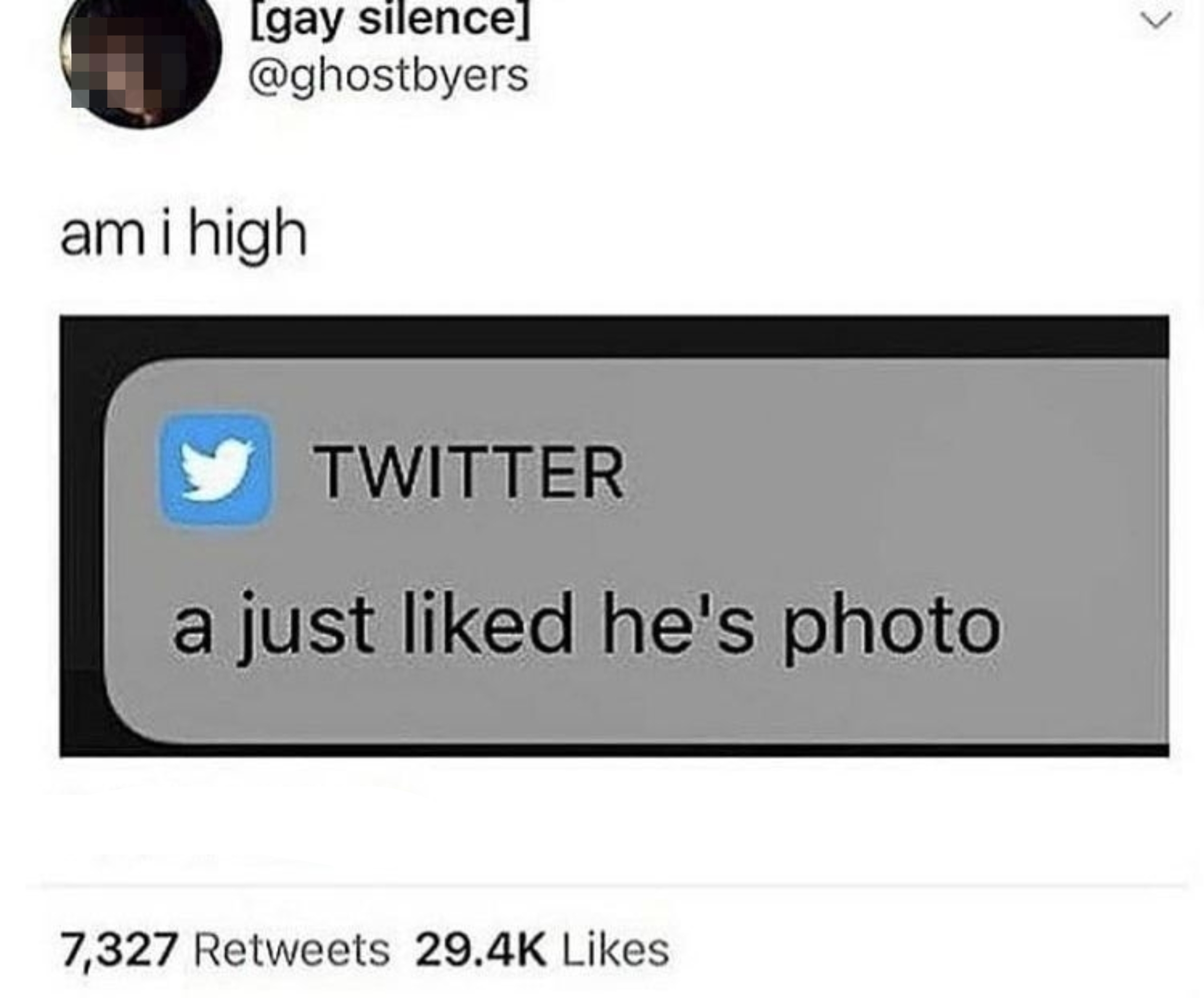 Screenshot of a Twitter notification mistakenly saying, &quot;a just liked he&#x27;s photo,&quot; humorously questioning if the viewer is seeing it right