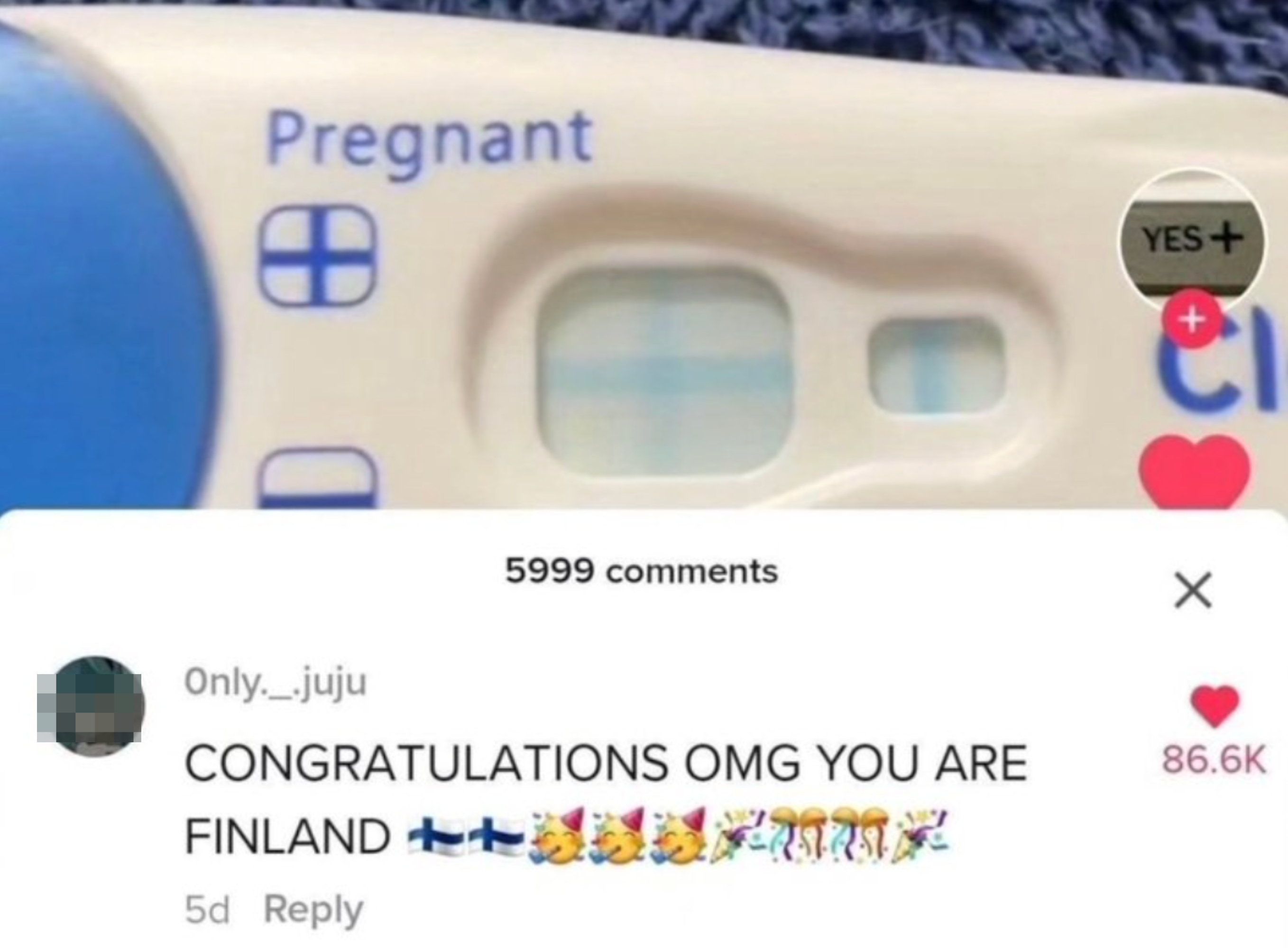 Positive pregnancy test with a humorous comment: &quot;CONGRATULATIONS OMG YOU ARE FINLAND&quot; followed by emojis, posted on social media