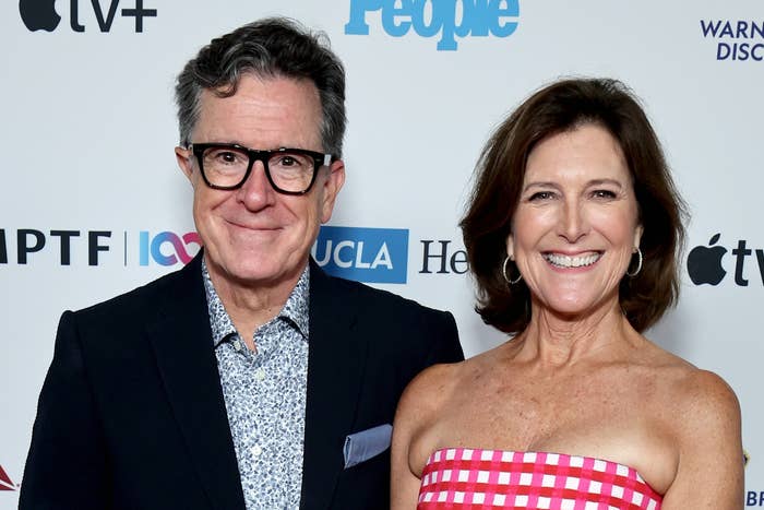 Stephen Colbert and Evelyn McGee-Colbert smiling at a celebrity event