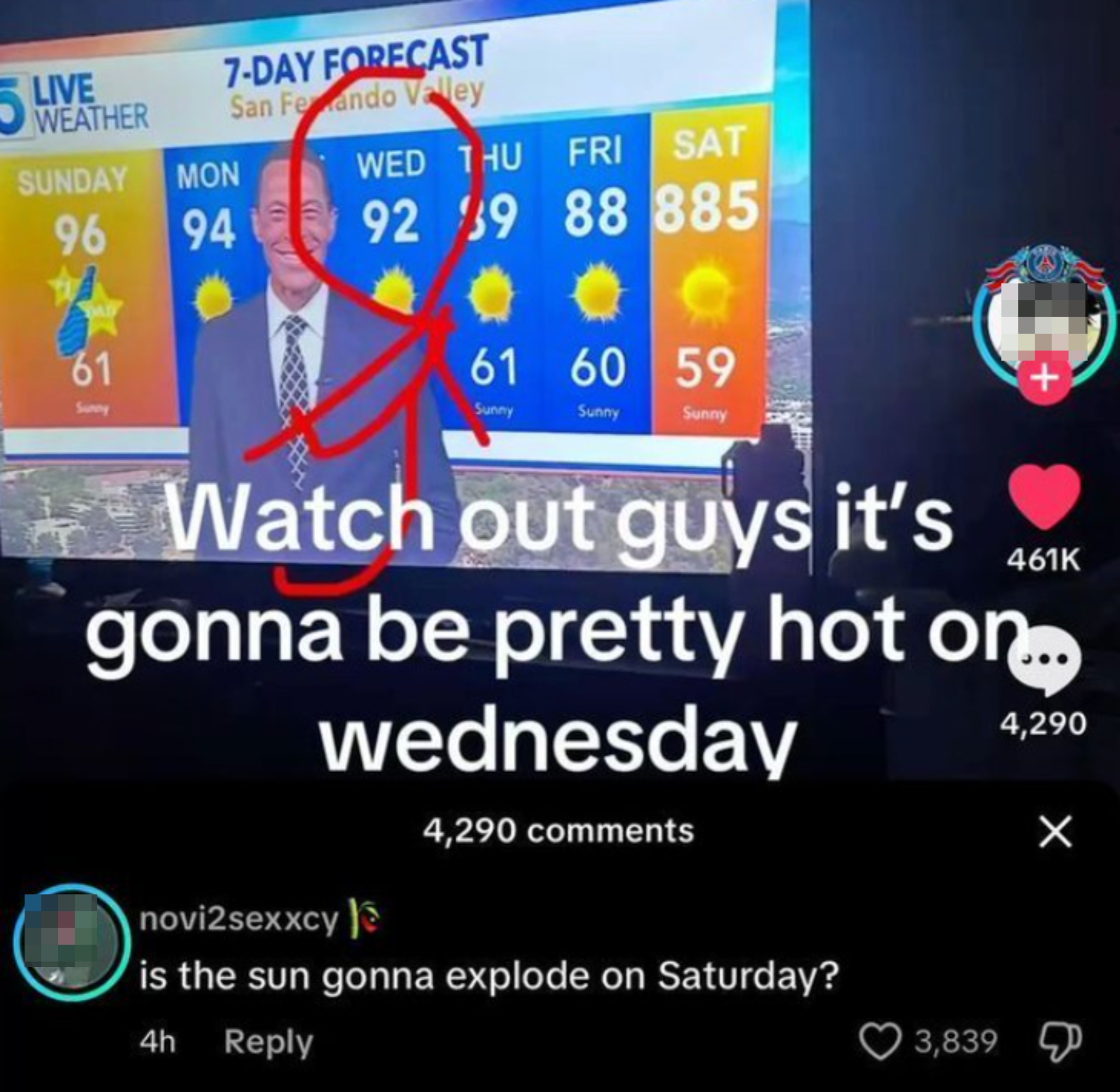 Weather forecast showing increasing temperatures, peaking at 121 on Wednesday. Comment jokes about the sun exploding on Saturday with 885 degrees
