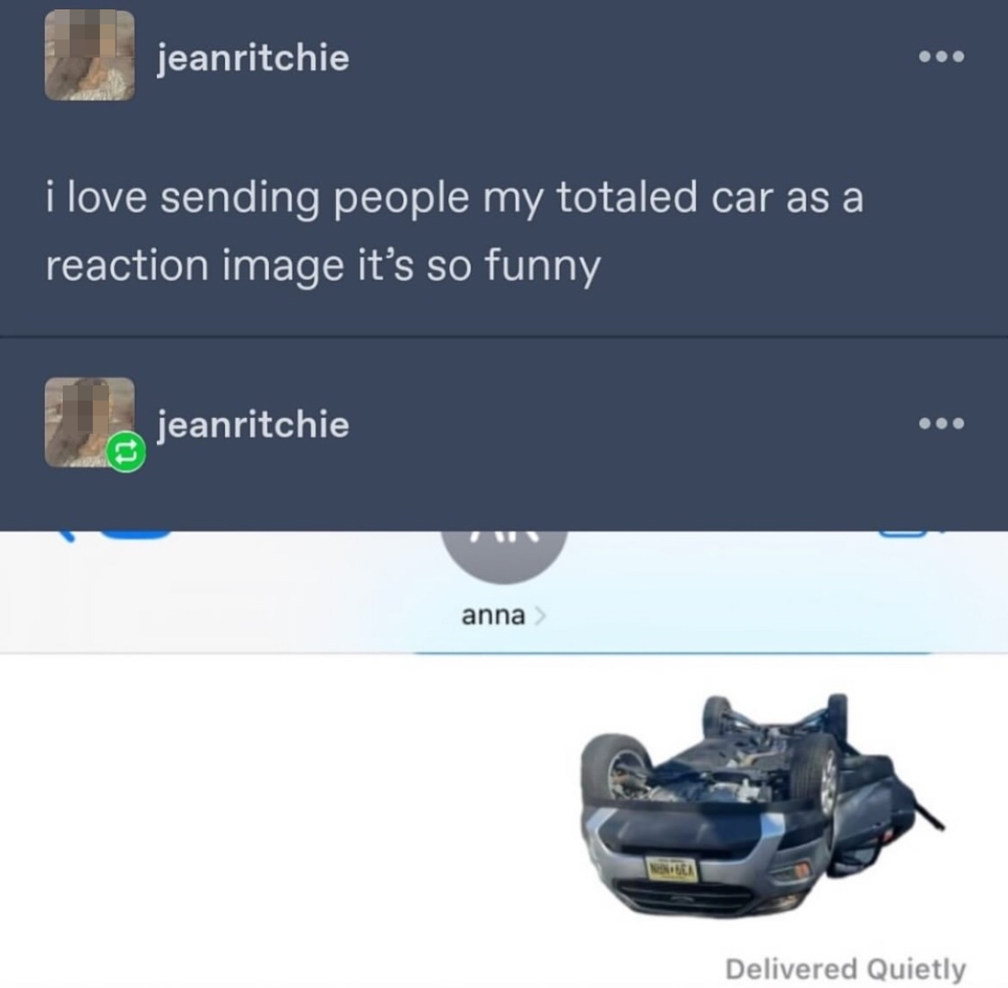 Social media post with caption about sharing a photo of a totaled car as a reaction image for humor. Image shows an overturned car