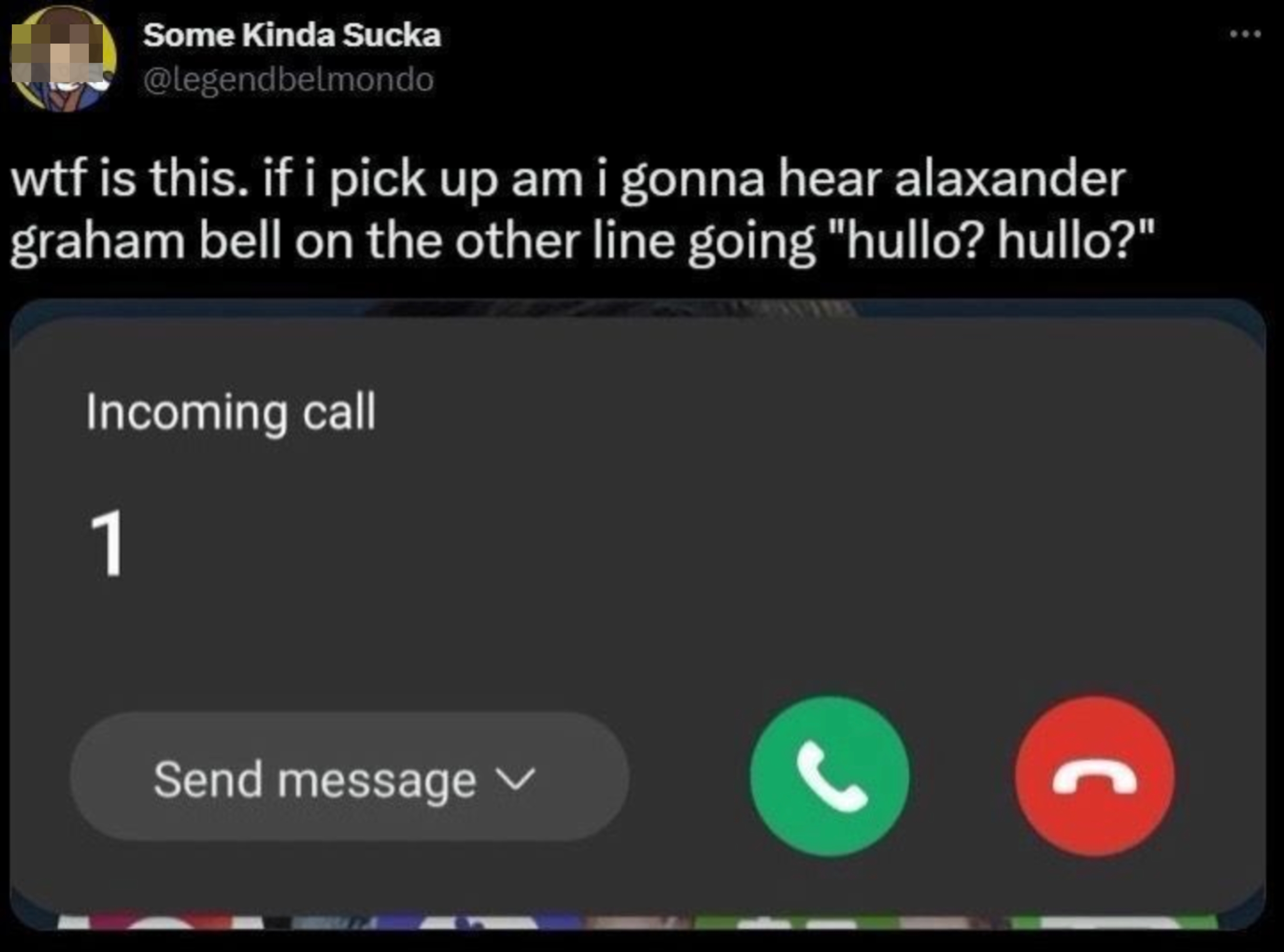 Screenshot of a humorous tweet about a mysterious &quot;Incoming call&quot; with no caller ID, referencing Alexander Graham Bell