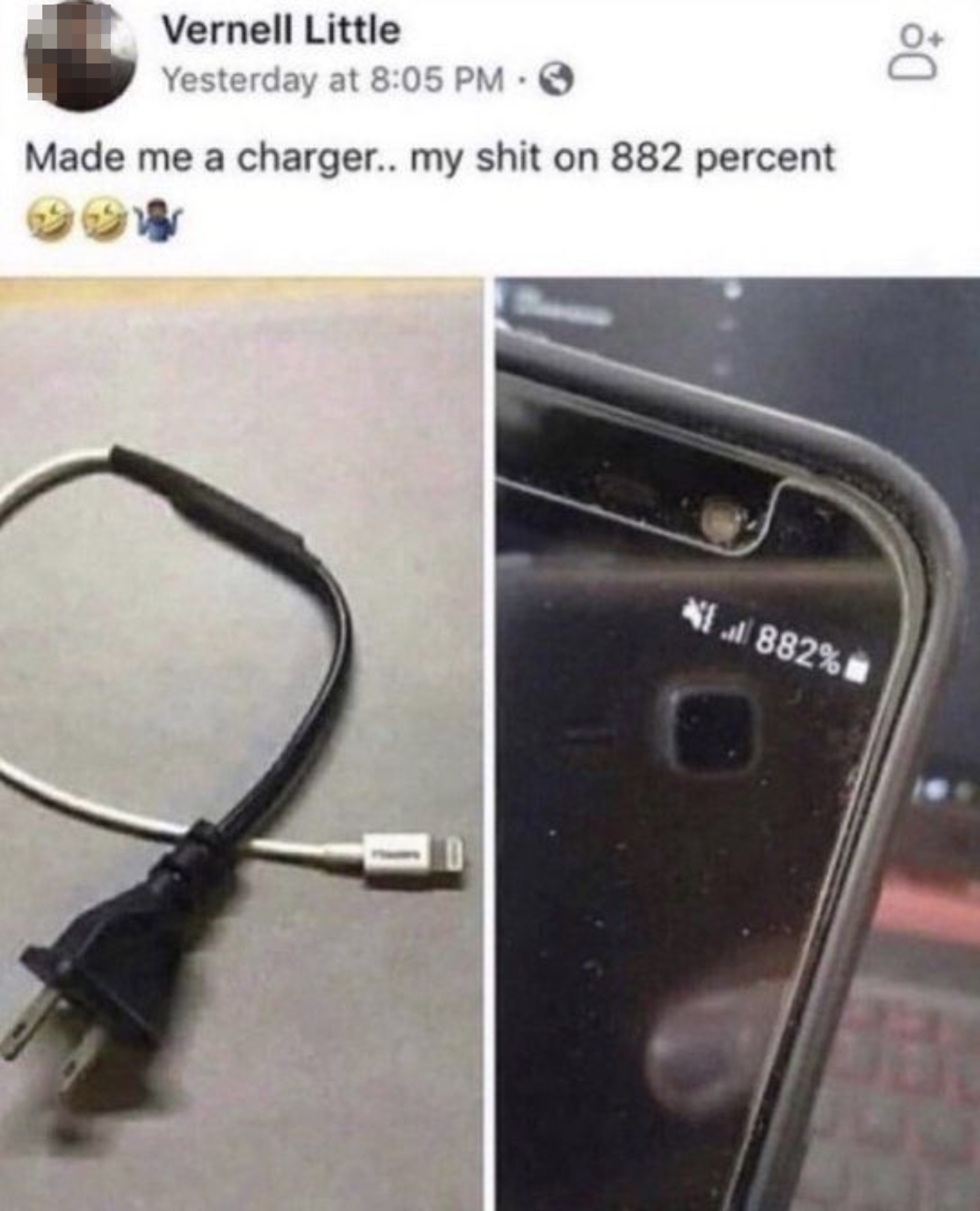 A humorous post shows a phone with 882% battery, next to a homemade charger combining a power plug and phone cable