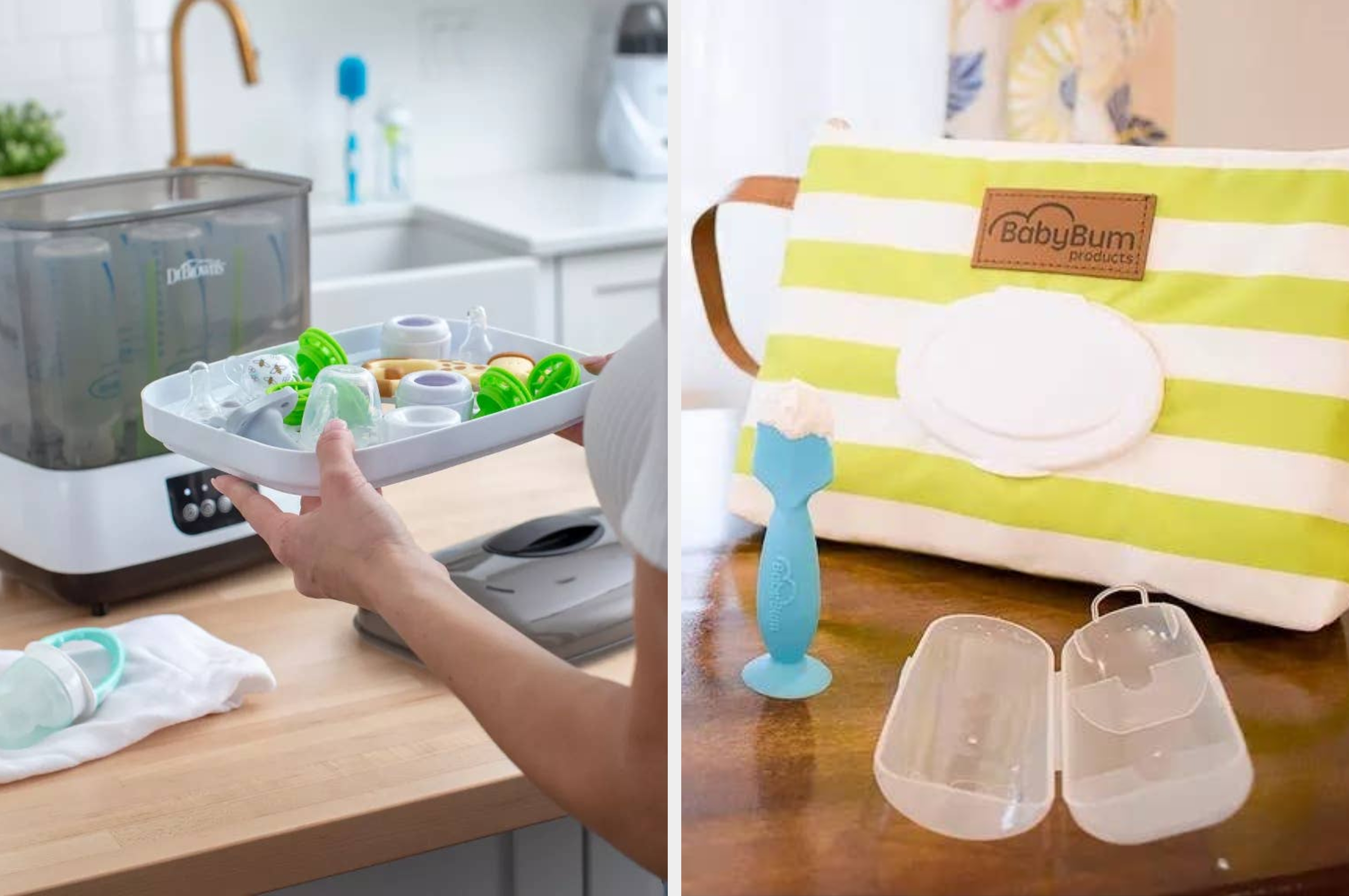 Person holds a sterilizer tray with baby items; nearby, a baby sits beside wipes and feeding accessories on a table