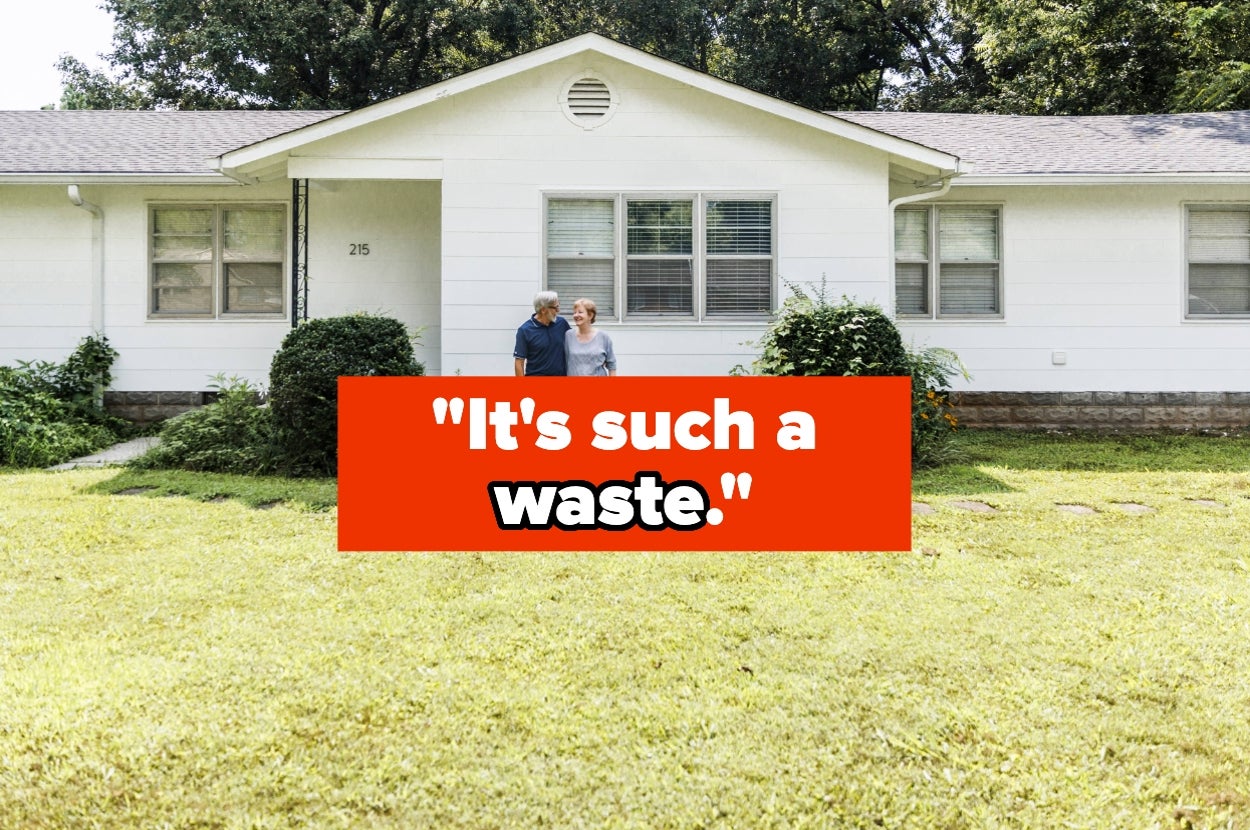 Older couple stands outside a house, embracing with a red text overlay saying, "It's such a waste."