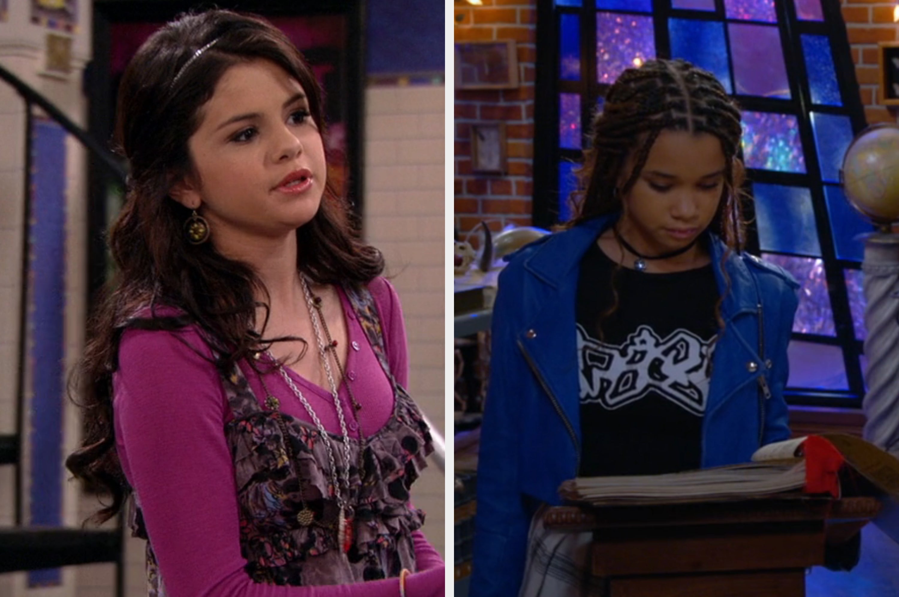 Split image of Janice LeAnn Brown and Selena Gomez wearing red tops while being interviewed