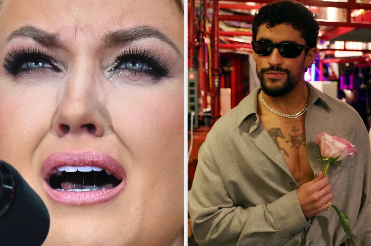 Two people: Person on left appears emotional while speaking; person on right wears sunglasses, open shirt, holds a rose, and has a relaxed demeanor