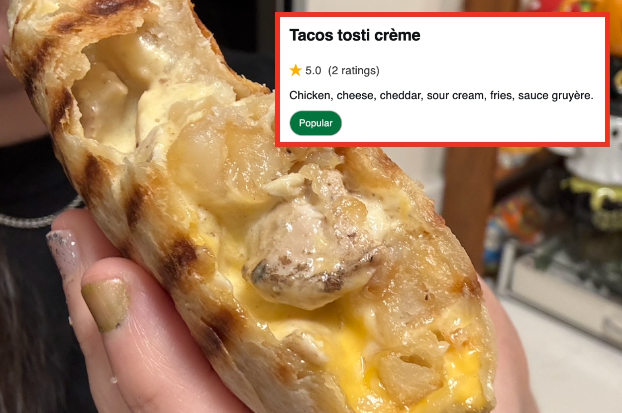 Close-up of a hand holding a cheese-filled taco with chicken and fries. The overlay text lists ingredients and shows a 5-star rating with a "Popular" tag
