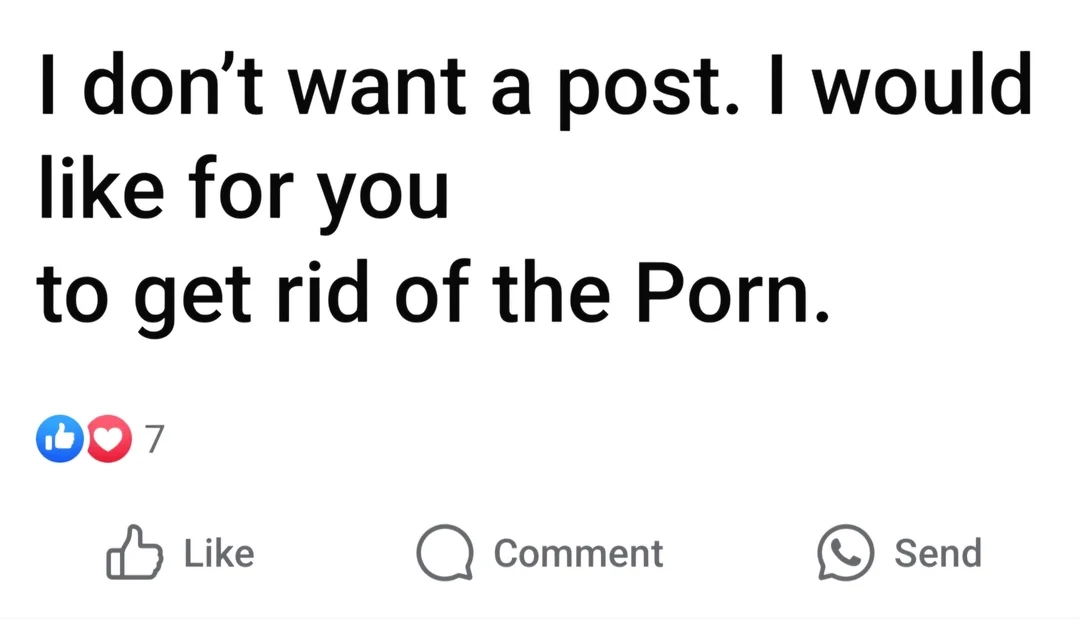 Facebook post: "i don't want a post. I would like for you to get rid of the porn"