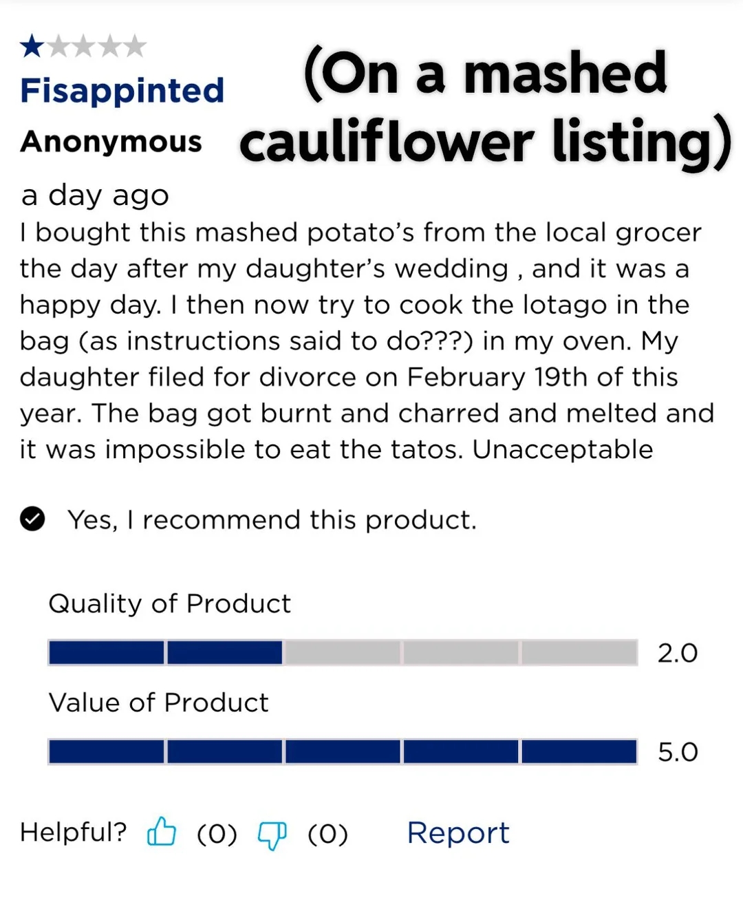 One-star review on a mashed cauliflower recipe talking about daughter's divorce and a bag of food burning