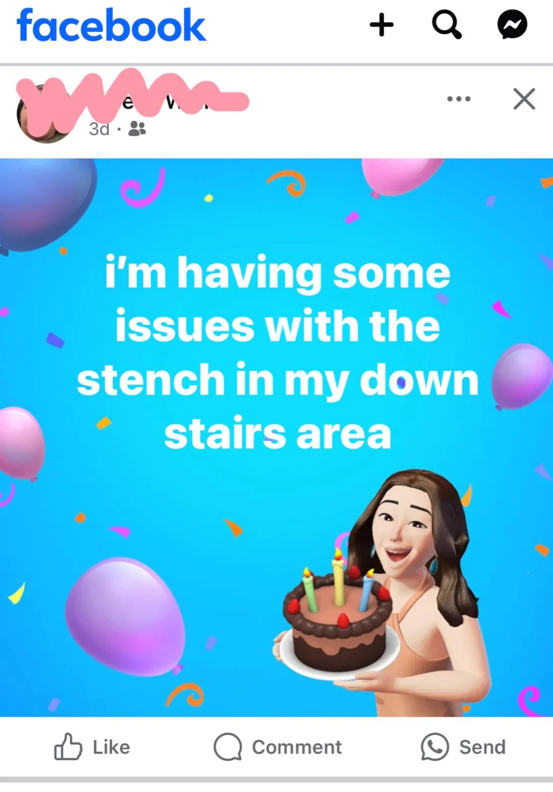 A Facebook post with a cartoon avatar holding a cake, saying they have issues with a downstairs area odor