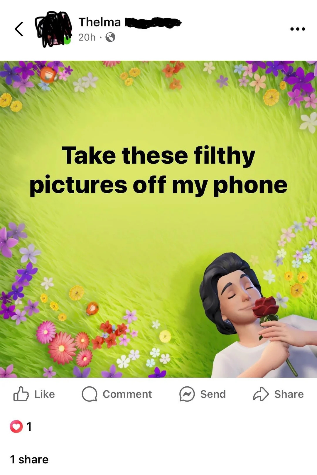 Post on facebook with text on an illustrated background: "Take these filthy pictures off my phone"