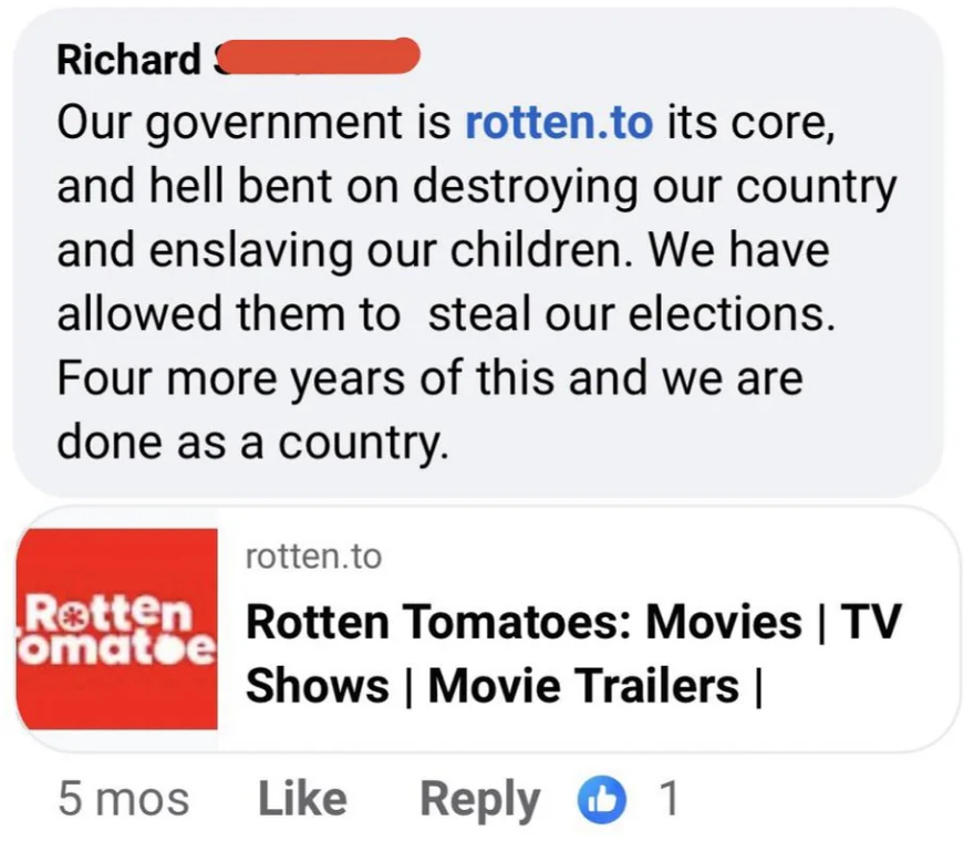 Comment criticizing the government, claiming corruption and election interference, accidentally linking to the Rotten Tomatoes website