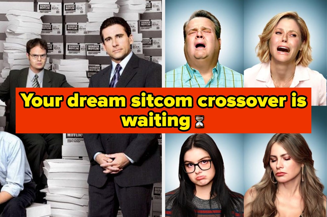 Image juxtaposes characters from "The Office" and "Modern Family" with humorous text about crossover universes