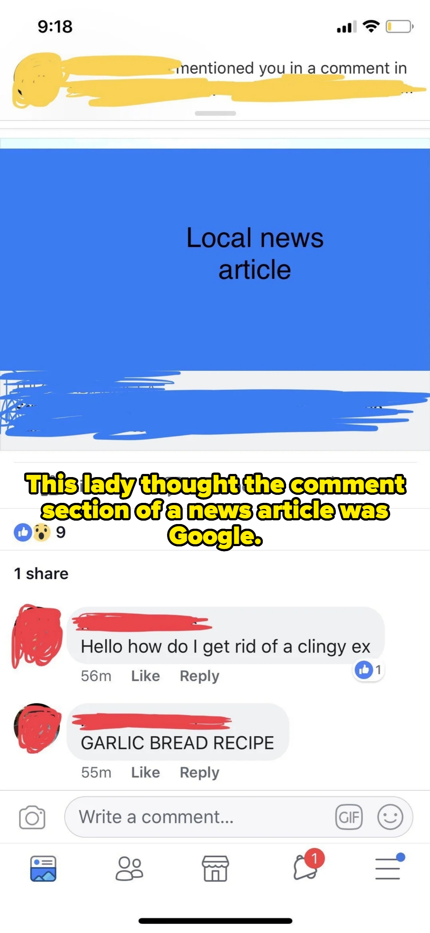 Facebook post showing a local news article. Comments: "Hello how do I get rid of a clingy ex" then "GARLIC BREAD RECIPE"