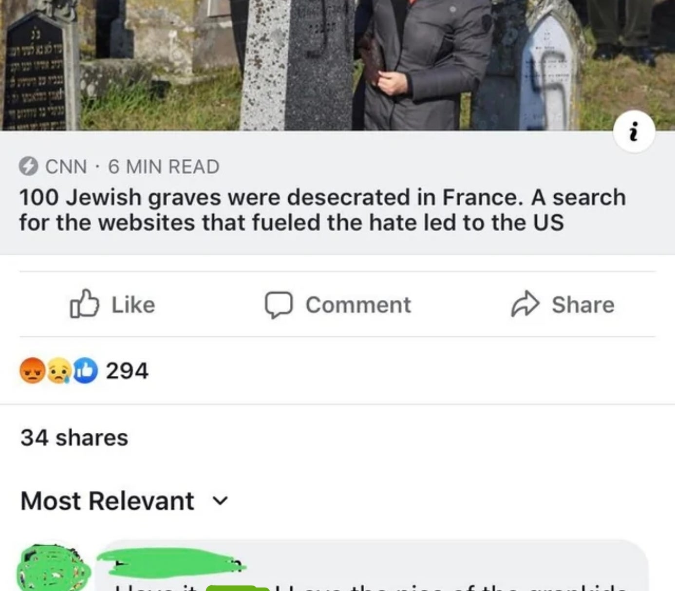 A Facebook post sharing a CNN article about a desecrated graveyard in France. Someone has commented, "I love it! Love the pics of the grandkids, give me a call for some of those thumbprint cookies LOL. Happy holidays!"
