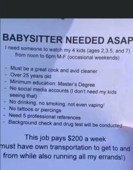 Dibutuhkan babysitter untuk 4 anak, usia 2, 3, 5, dan 7 tahun. Harus berusia di atas 25 tahun, juru masak yang hebat, tidak boleh menggunakan media sosial, tidak bertato, atau merokok. Membayar $200/minggu