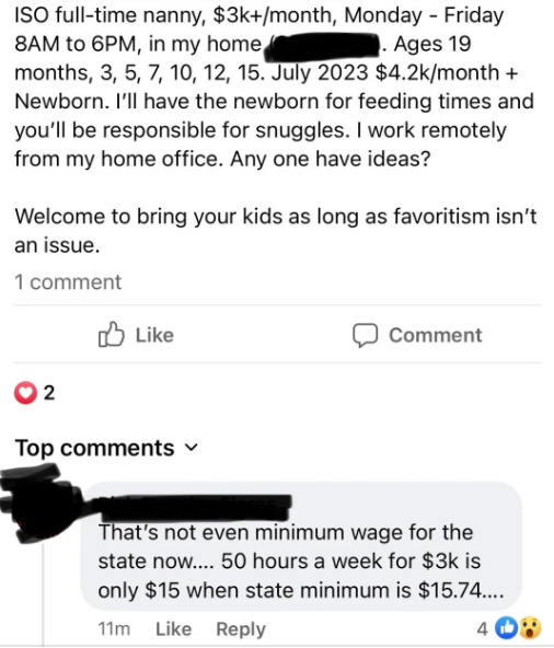 Postingan pekerjaan untuk pengasuh yang menawarkan $3K/bulan untuk perawatan penuh waktu, termasuk bayi baru lahir. Komentar menyebutkan bahwa gajinya di bawah upah minimum negara bagian