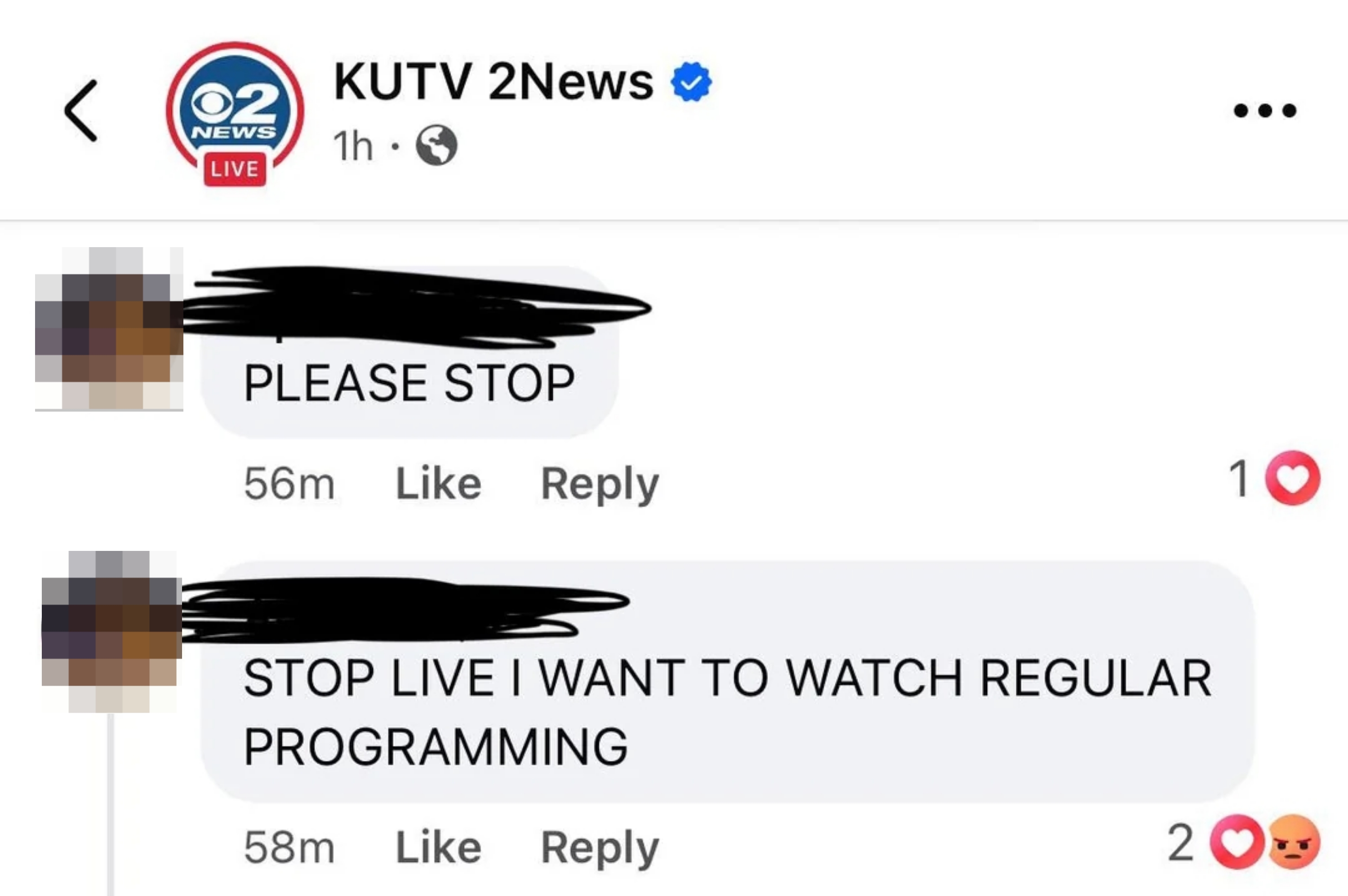 Comments on a news live stream requesting to stop the live broadcast and resume regular programming in all caps