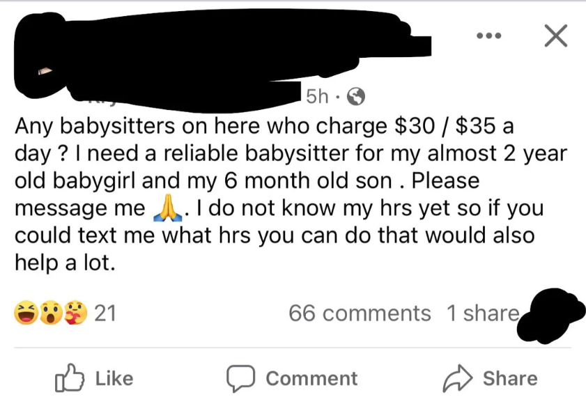 Tangkapan layar postingan Facebook yang mencari pengasuh anak yang dapat diandalkan untuk anak berusia 2 tahun dan 6 bulan, menawarkan $30-$35 per hari dengan jam kerja fleksibel