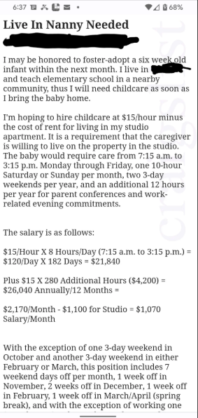Iklan untuk pengasuh yang tinggal di rumah menawarkan $15/jam untuk 8 jam sehari, $31,25 pada akhir pekan, dengan jam tambahan dan gaji studio tahunan $1,200