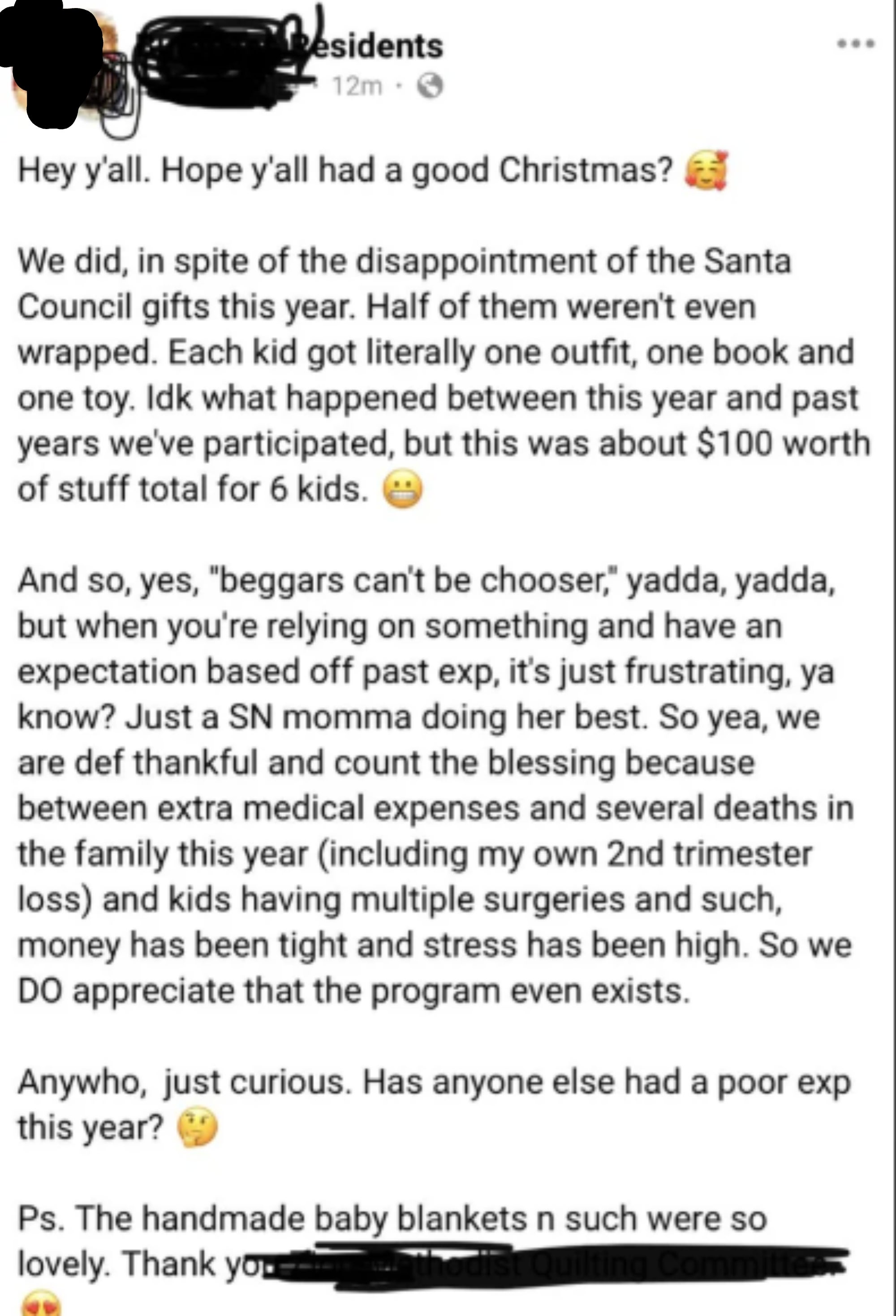 Sebuah postingan media sosial menceritakan pengalaman hadiah Natal sebuah keluarga dengan keterbatasan anggaran, menyebutkan stres dan nilai dukungan komunitas