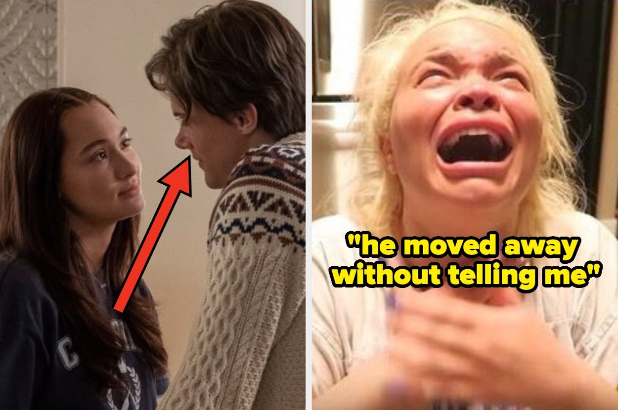 Split image: Left shows a couple having an emotional moment. Right shows a person crying with the text "he moved away without telling me."