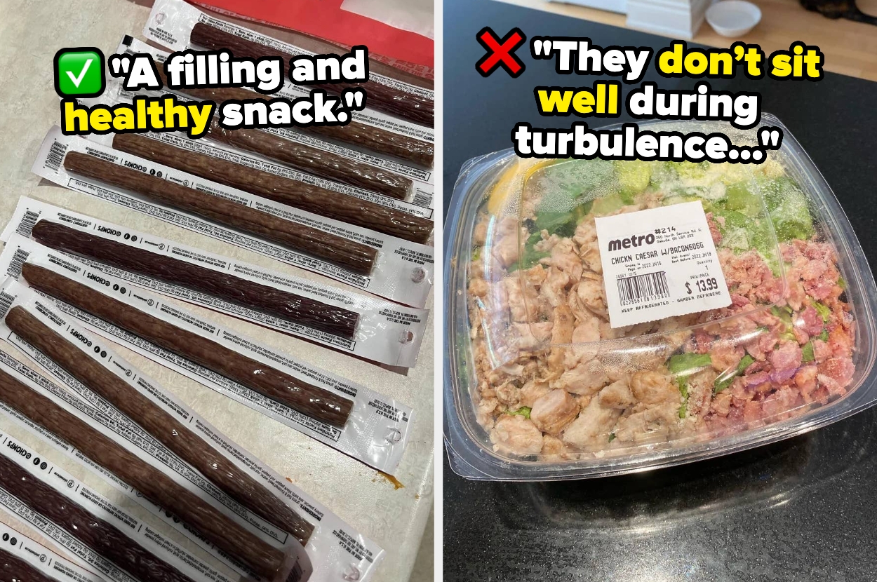 Snack comparison: Packaged meat sticks labeled as "filling and healthy" vs. a chicken Caesar salad not recommended during turbulence