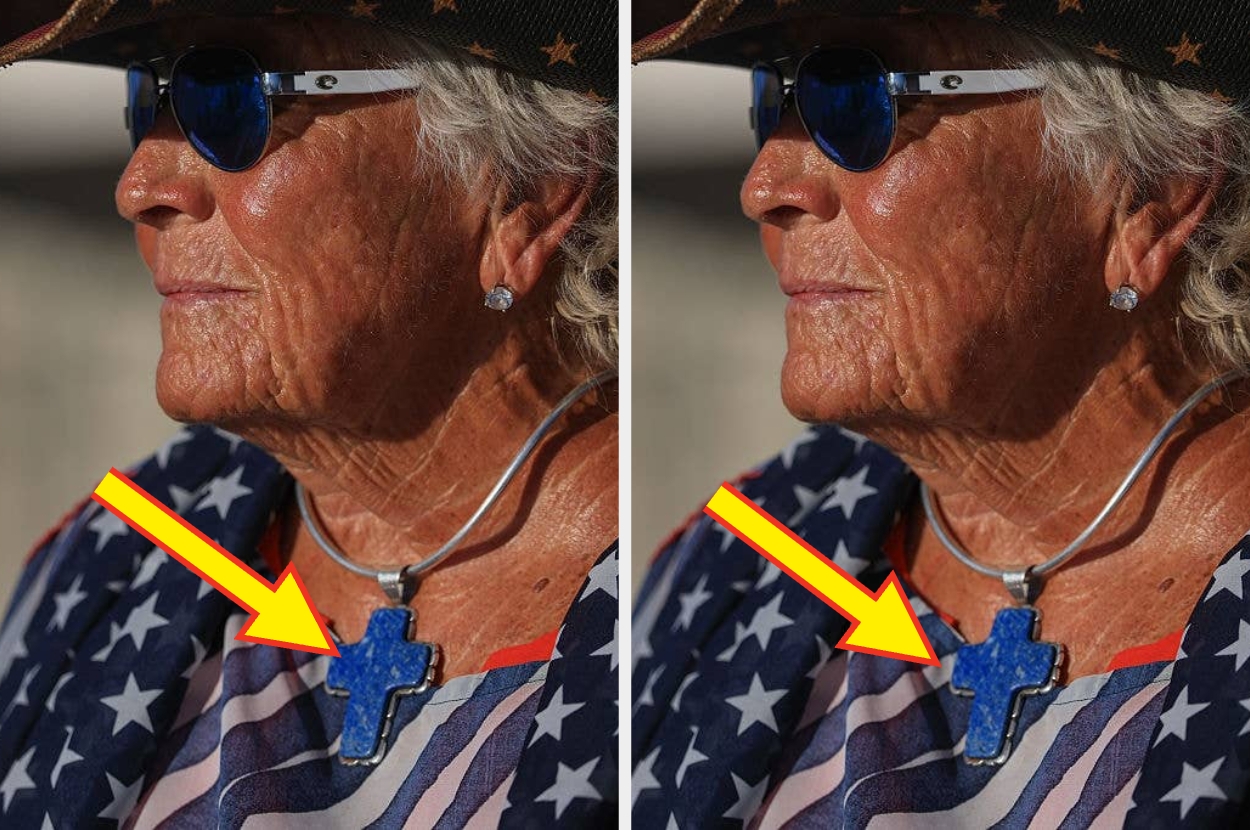 Person wearing star-patterned scarf and blue cross necklace, with sunglasses and hat, looking forward. Arrows highlight the necklace